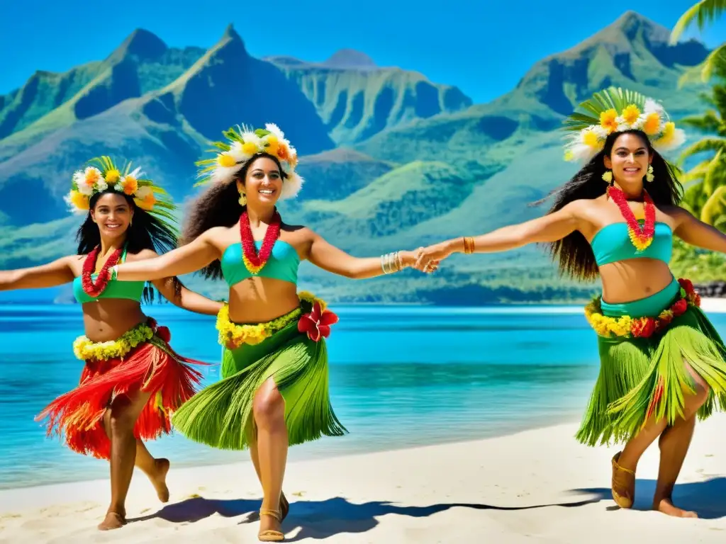 Grupo de bailarines tahitianos realizando el apasionado baile Otea, con vestimenta tradicional y paisaje tropical