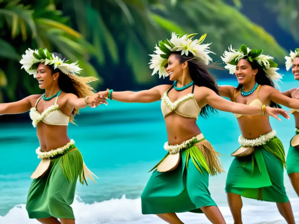 Grupo de bailarines tahitianos realizando el baile Tamure, con trajes tradicionales vibrantes y movimientos expresivos