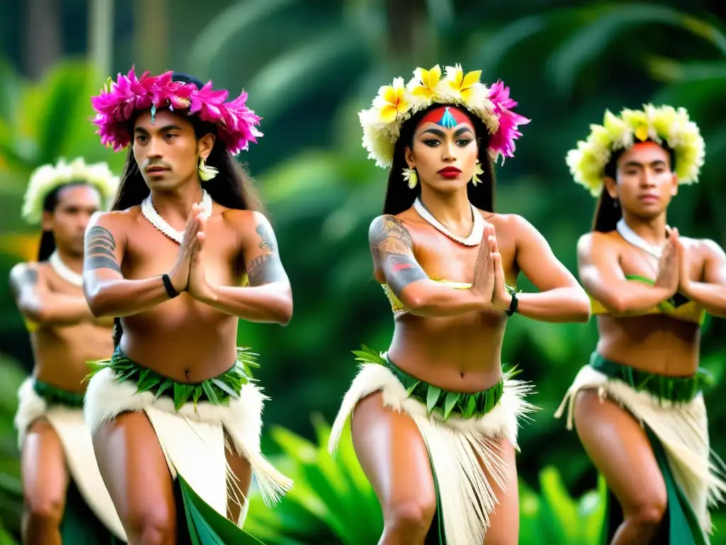 Grupo de bailarines tahitianos ejecutan la Danza Tāmure, expresando el significado cultural y técnicas con pasión y orgullo, en un escenario tropical