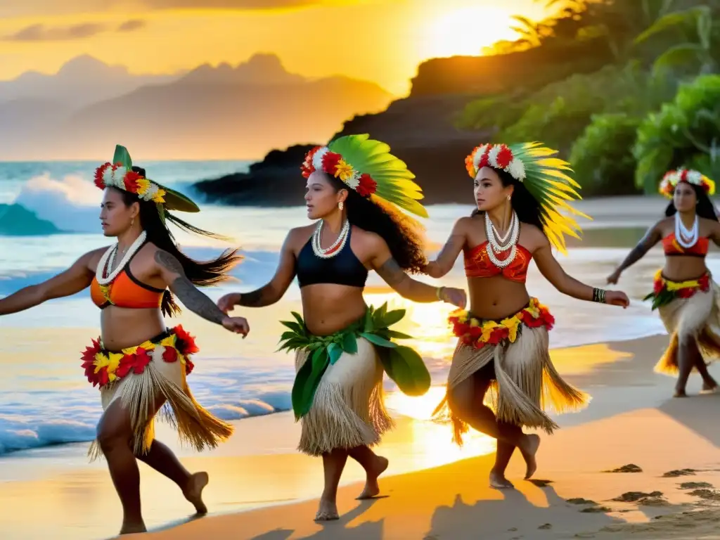 Grupo de bailarines tahitianos ejecutando la danza Otea al atardecer, mostrando el significado cultural del Otea en Tahití