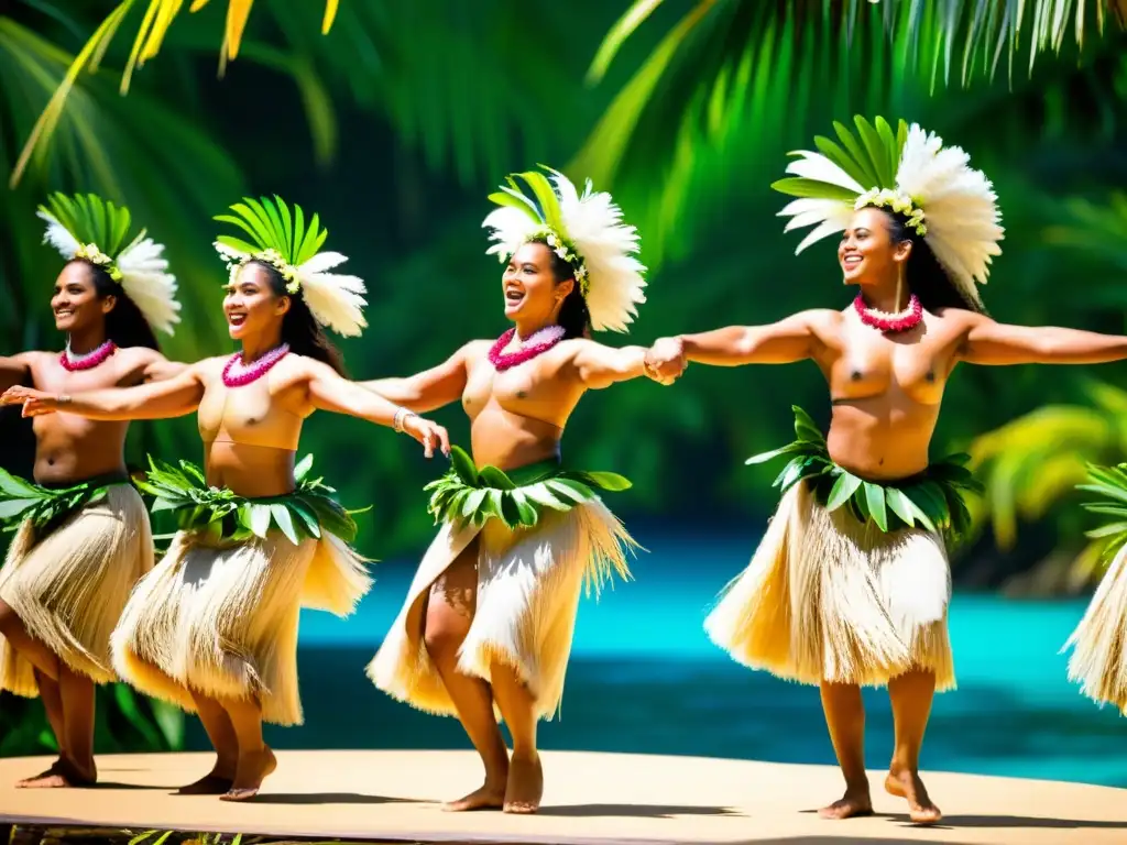 Grupo de bailarines tahitianos realizando la danza tradicional 'ote'a, con trajes vibrantes de materiales naturales