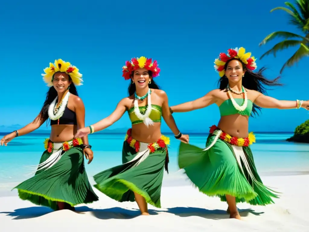 Un grupo de bailarines tahitianos ejecutan la enérgica danza Tāmure en una playa de arena blanca, resaltando la cultura tahitiana y el significado de la danza