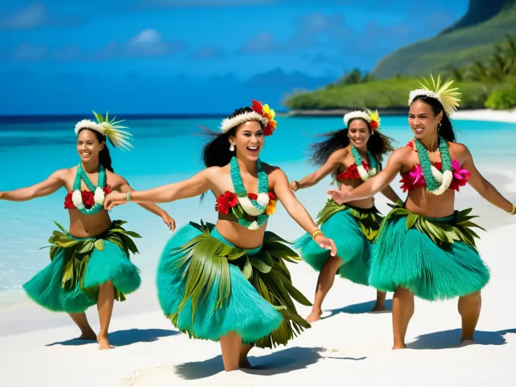 Un grupo de bailarines tahitianos ejecuta la enérgica danza Tāmure en una playa de arena blanca con aguas turquesas cristalinas al fondo