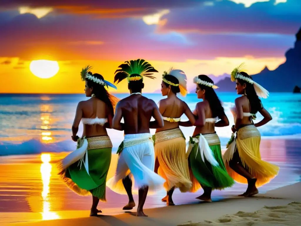 Grupo de bailarines tahitianos danzando en la playa al atardecer, celebrando el significado cultural de los Aires de Polinesia