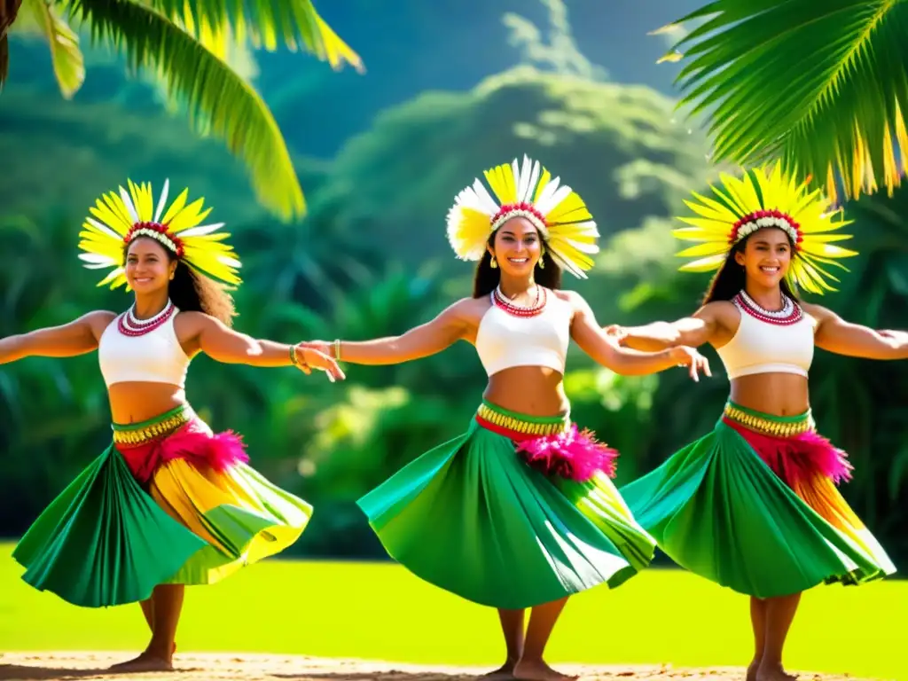 Grupo de bailarines tahitianos realizando el Tamure en trajes tradicionales, con movimientos expresivos y escenario tropical