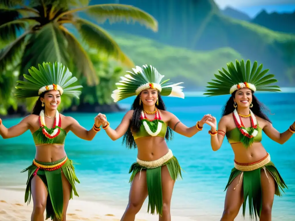 Grupo de bailarines tahitianos en trajes tradicionales, realizando una hula dance con aires de Polinesia significado cultural, rodeados de palmeras y el mar del Pacífico al fondo