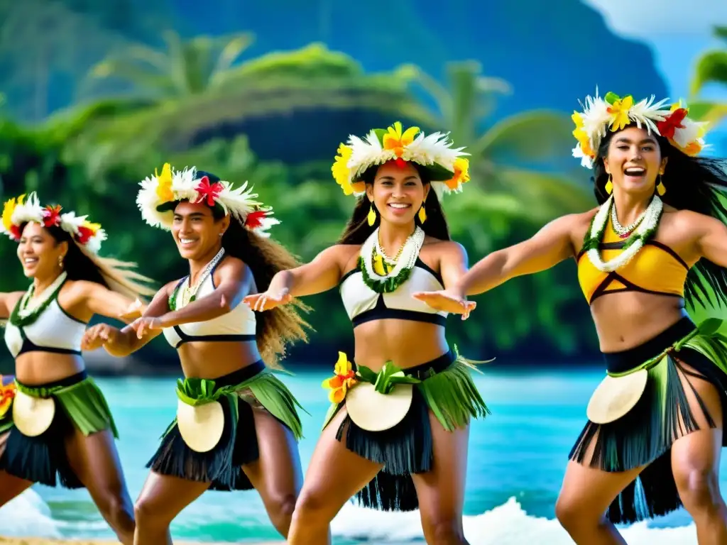 Grupo de bailarines tahitianos en trajes tradicionales, danza vibrante en el festival Heiva I Tahiti, Aires de Polinesia significado cultural