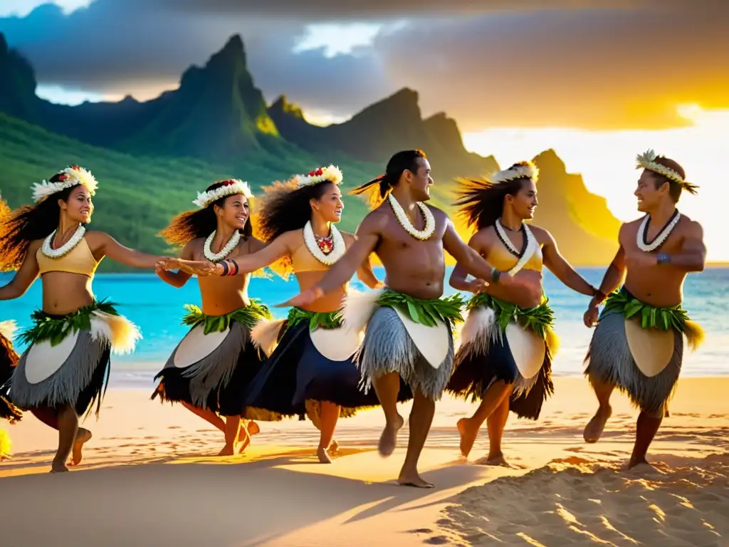 Grupo de bailarines tahitianos con trajes tradicionales, danza en la playa al atardecer, transmitiendo los aires de Polinesia significado cultural