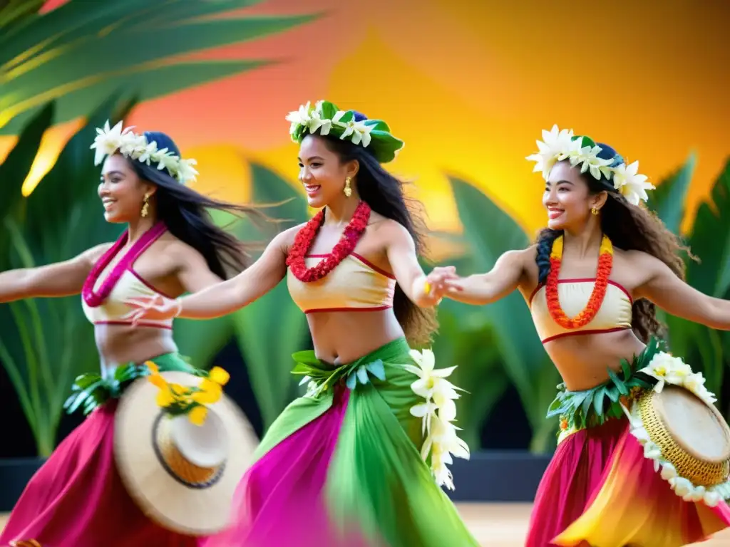 Grupo de bailarines tahitianos en trajes tradicionales, danzando en el festival Heiva I Tahiti, evocando los Aires de Polinesia significado cultural