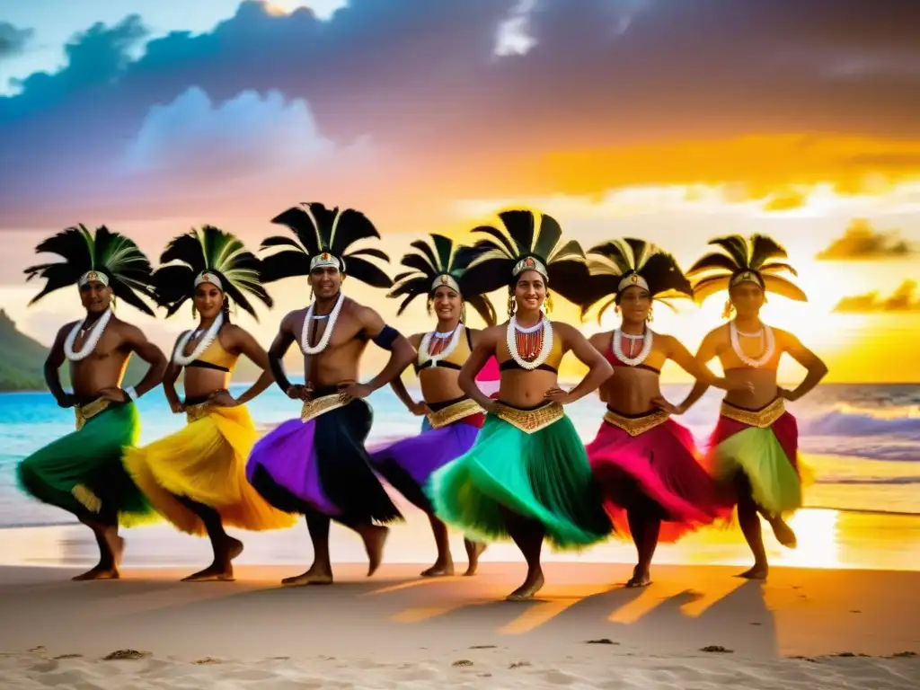 Grupo de bailarines tahitianos realizando el tamure, con trajes vibrantes y expresiones orgullosas, en una playa al atardecer