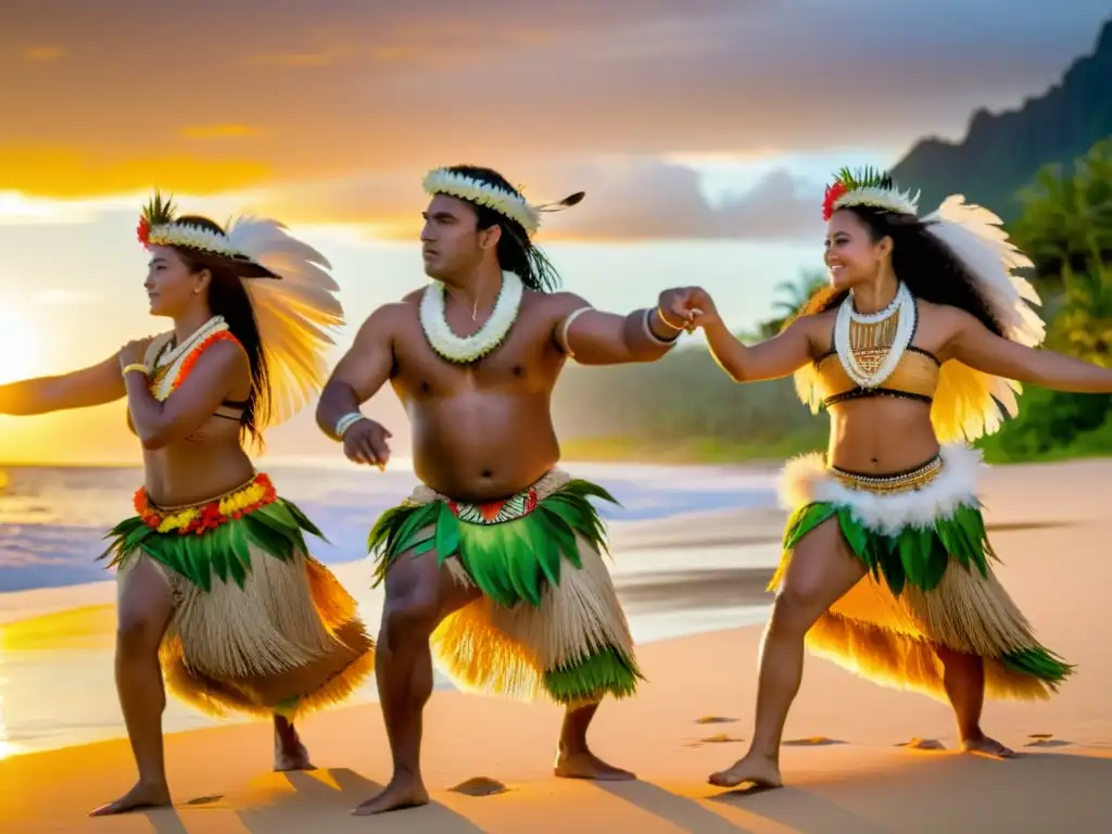 Grupo de bailarines tahitianos en trajes Poerava, danzando en la playa al atardecer, mostrando las antiguas técnicas del Poerava de Tahití