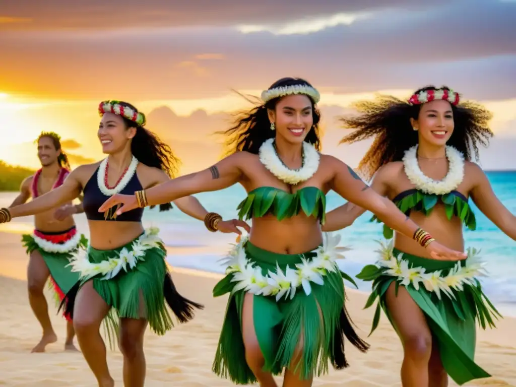 Un grupo de bailarines tahitianos en trajes tradicionales realizando la animada danza Himene Tarava en una playa al atardecer