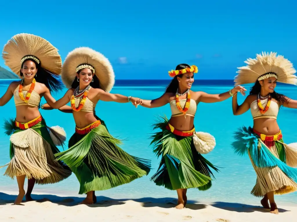 Grupo de bailarines tahitianos con trajes vibrantes y elaborados, danzando en la playa de Tahití