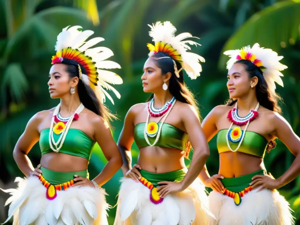 Grupo de bailarines tahitianos con trajes vibrantes y detallados, danzando entre exuberante vegetación