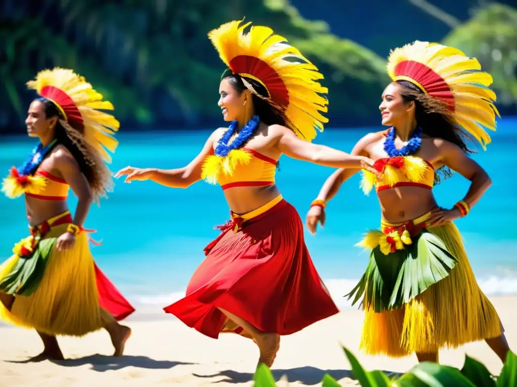 Grupo de bailarines tahitianos con trajes vibrantes danzando con ritmos intensos en Tahití