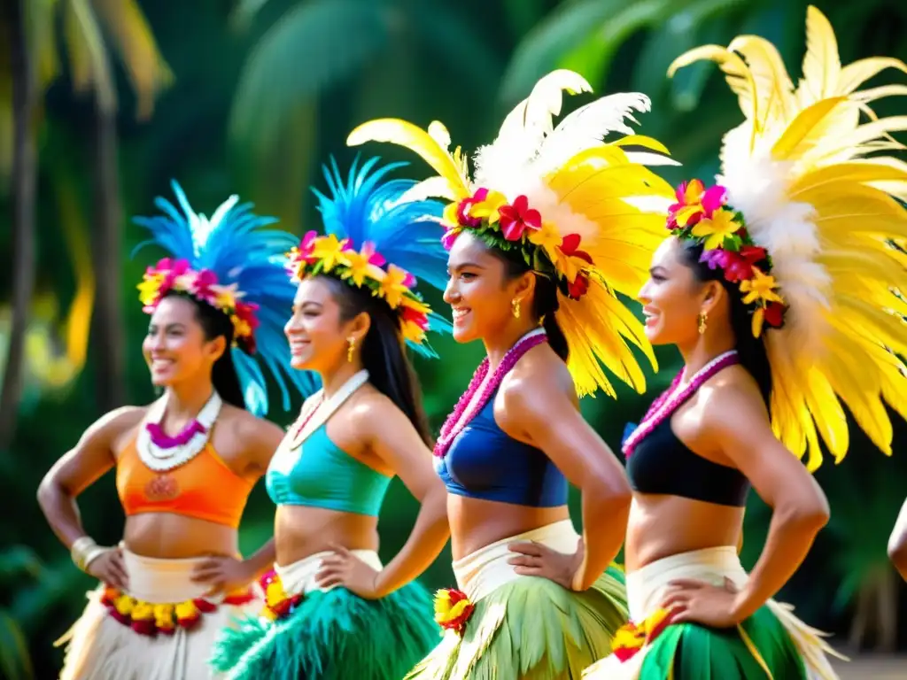 Grupo de bailarines tahitianos en vibrante Festival de danza Heiva i Tahiti, con trajes tradicionales y movimientos llenos de energía y pasión