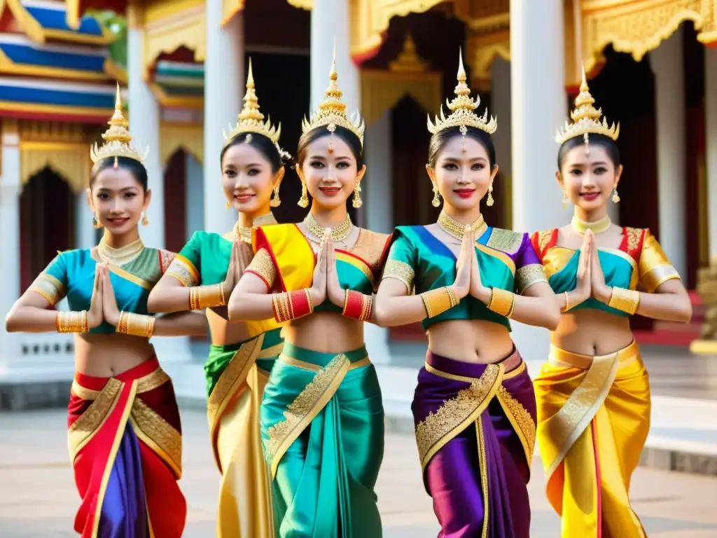 Grupo de bailarines tailandeses con coloridos trajes tradicionales en pose elegante frente a un templo ornamental