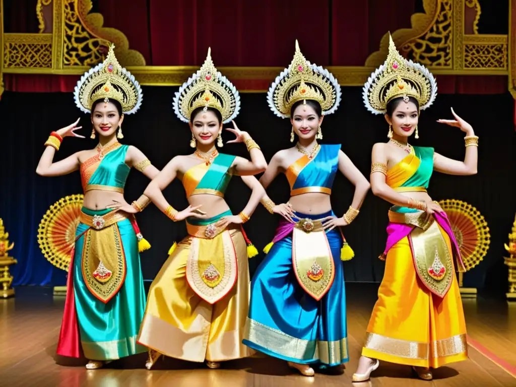 Grupo de bailarines tailandeses en escena, con trajes tradicionales y movimientos elegantes, reflejando la enseñanza de danzas asiáticas en Occidente