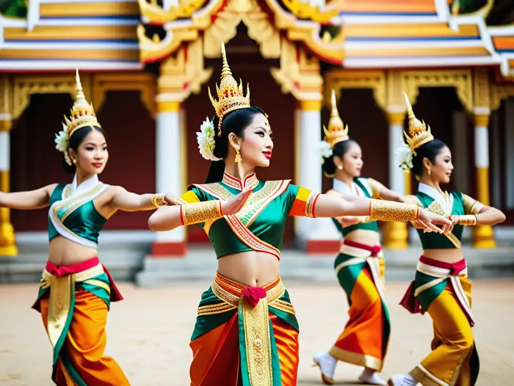 Un grupo de bailarines tailandeses tradicionales, con trajes elaborados, realizando una danza elegante e intrincada frente a un templo ornamentado