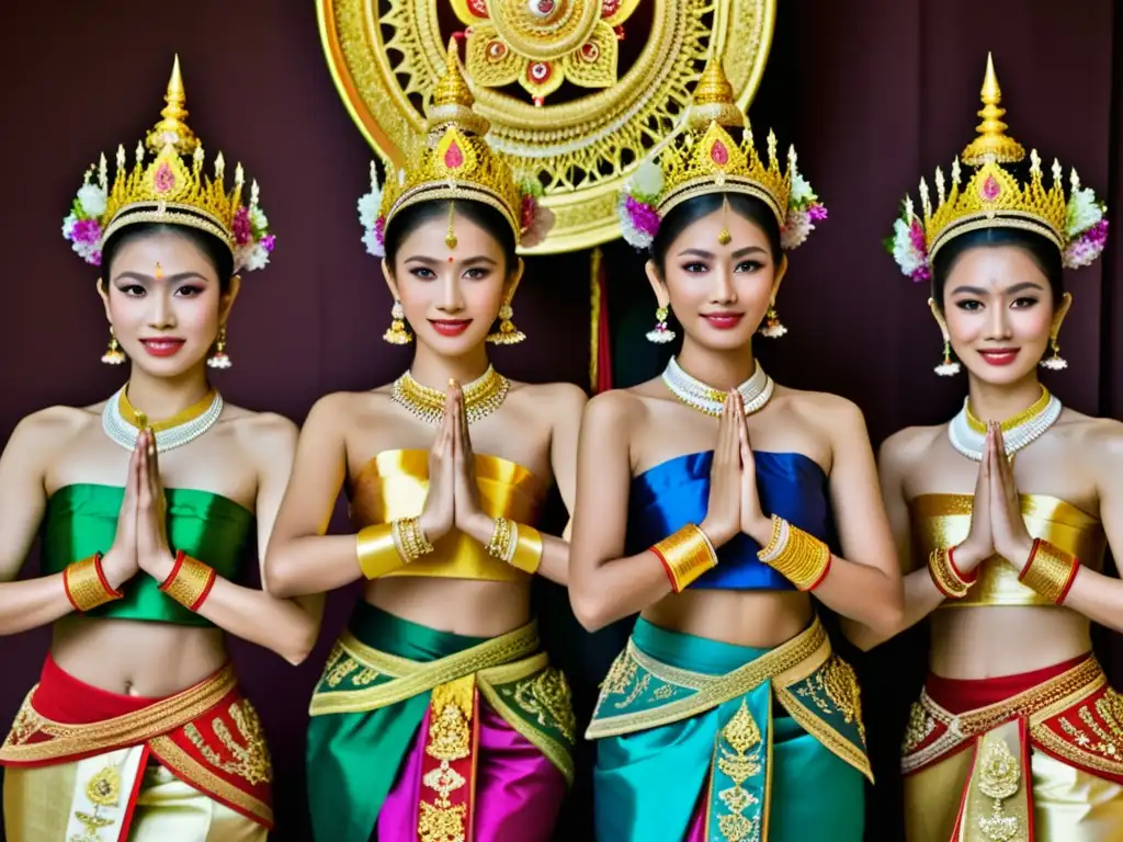 Grupo de bailarines tailandeses en trajes tradicionales, danza llena de color y significado cultural