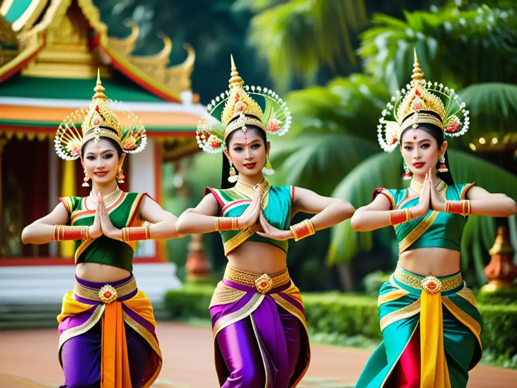 Grupo de bailarines tailandeses con vestimenta tradicional en danzas del mundo, realizando una elegante danza en un entorno exuberante y culturalmente rico