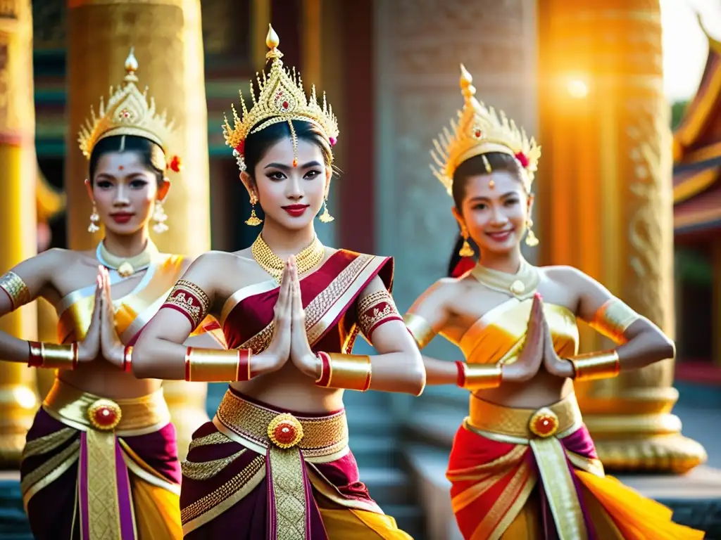 Grupo de bailarines tailandeses en vibrantes trajes tradicionales durante una danza ritual, con templo al fondo