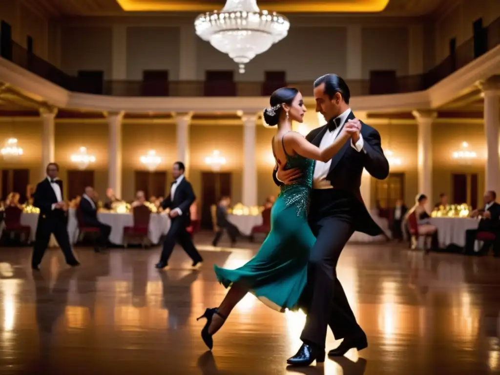 Grupo de bailarines de tango argentino en un salón elegante, capturando la pasión y elegancia de los retiros de danza tango argentino