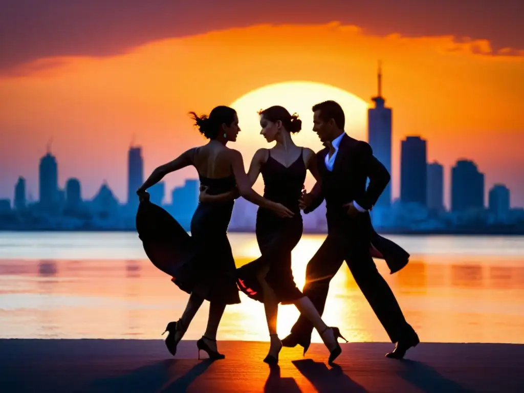 Grupo de bailarines de tango argentino en el atardecer de Buenos Aires, expresando pasión y emoción en perfecta sincronía