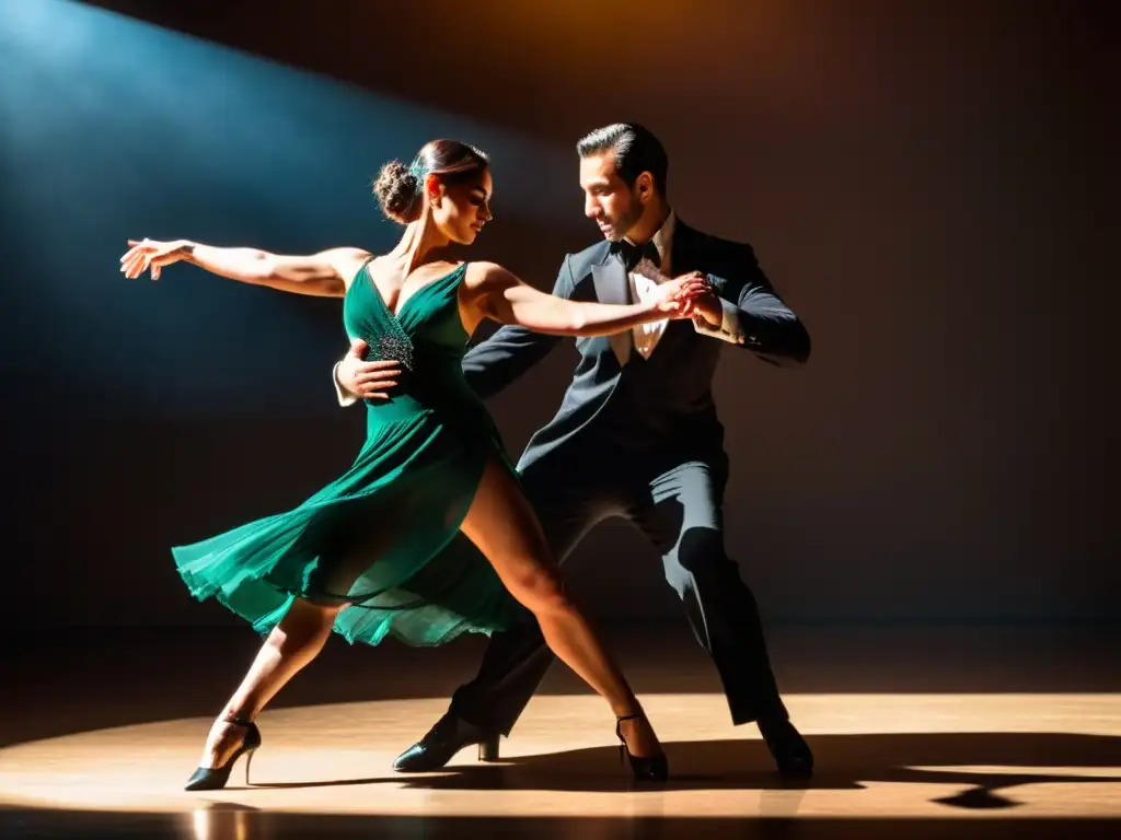 Grupo de bailarines de tango argentino en un escenario, mostrando pasión y destreza en sus movimientos sincronizados