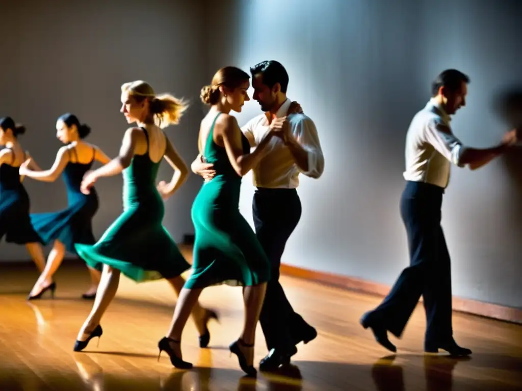 Grupo de bailarines de tango ensayando en estudio para Retiros de Tango en Buenos Aires, con movimientos fluidos y pasión palpable