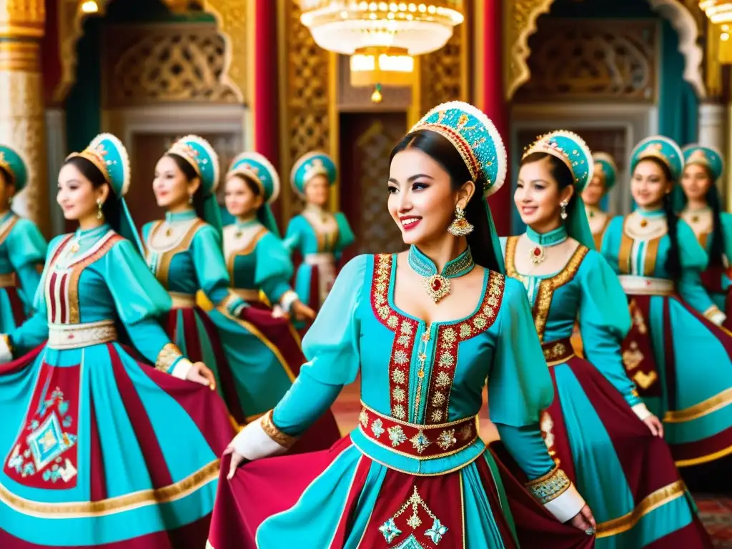 Grupo de bailarines tátaros en trajes vibrantes ejecutando danza tradicional en Rusia, en un majestuoso salón decorado