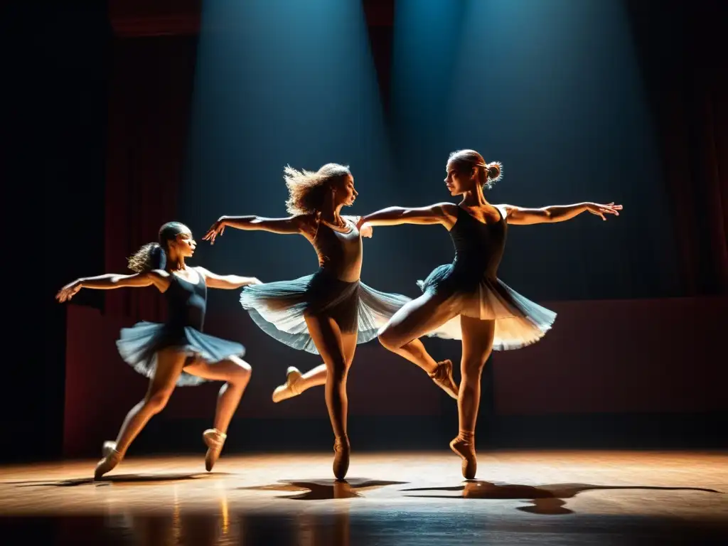 Grupo de bailarines en teatro, movimientos gráciles iluminados por el foco, expresando pasión y determinación