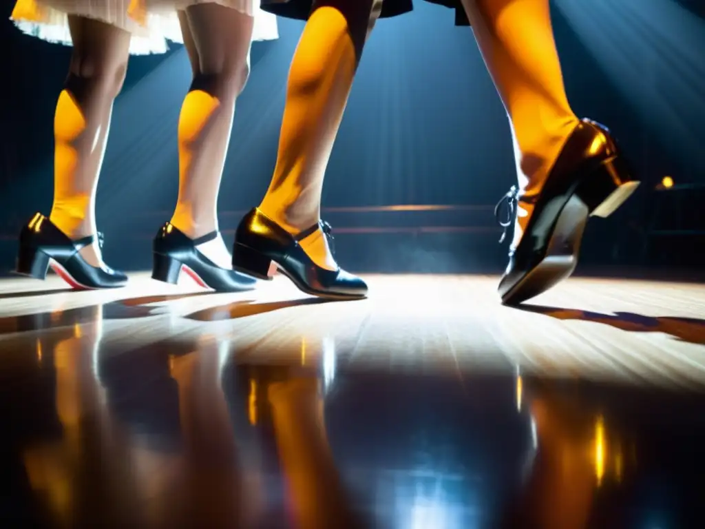 Grupo de bailarines de tap en un teatro tenue, ejecutando una rutina sincronizada y elegante, reflejando el renacimiento del Tap en la actualidad