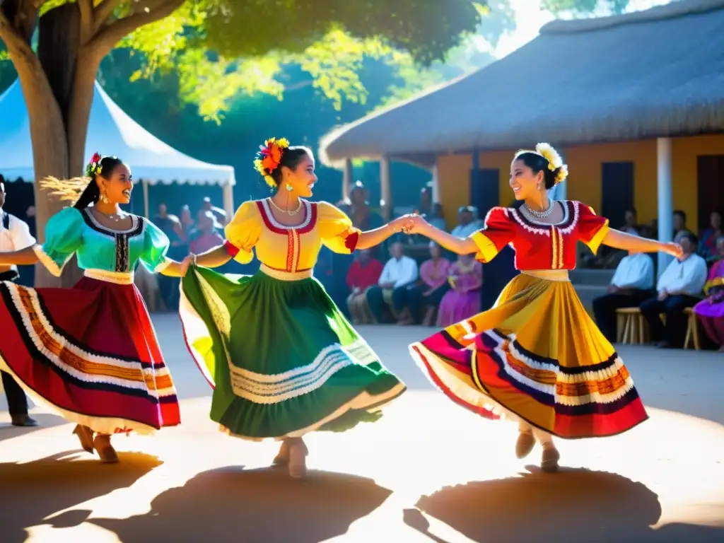 Un grupo de bailarines ejecuta la técnica de baile Son Jarocho con gracia y pasión, rodeados de músicos y un ambiente vibrante