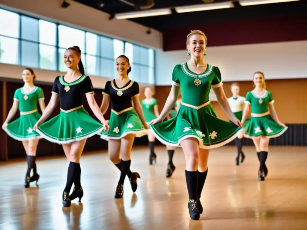 Un grupo de bailarines practica la técnica de Irish Step Dance en un estudio tradicional, con expresiones concentradas y movimientos precisos