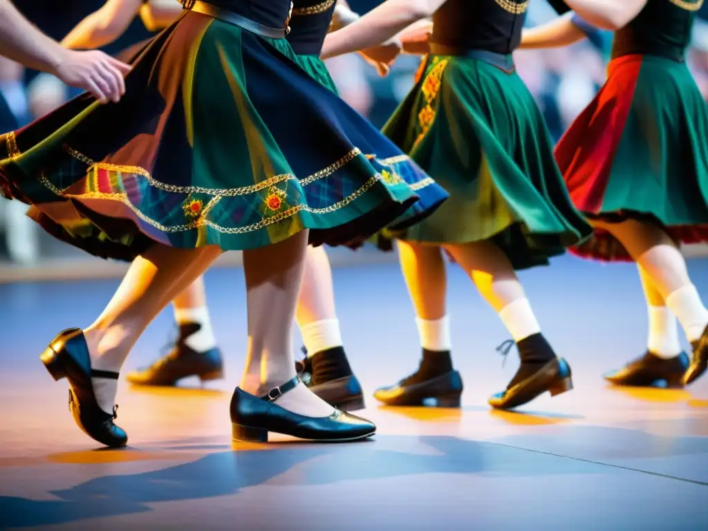 Grupo de bailarines con técnica impecable danza reel escocés en vibrante atuendo celta