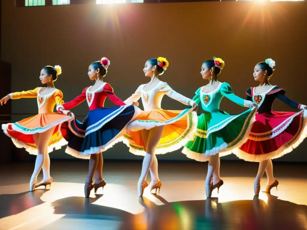 Grupo de bailarines practicando técnicas de ballet folklórico mexicano con gracia y pasión en un escenario soleado