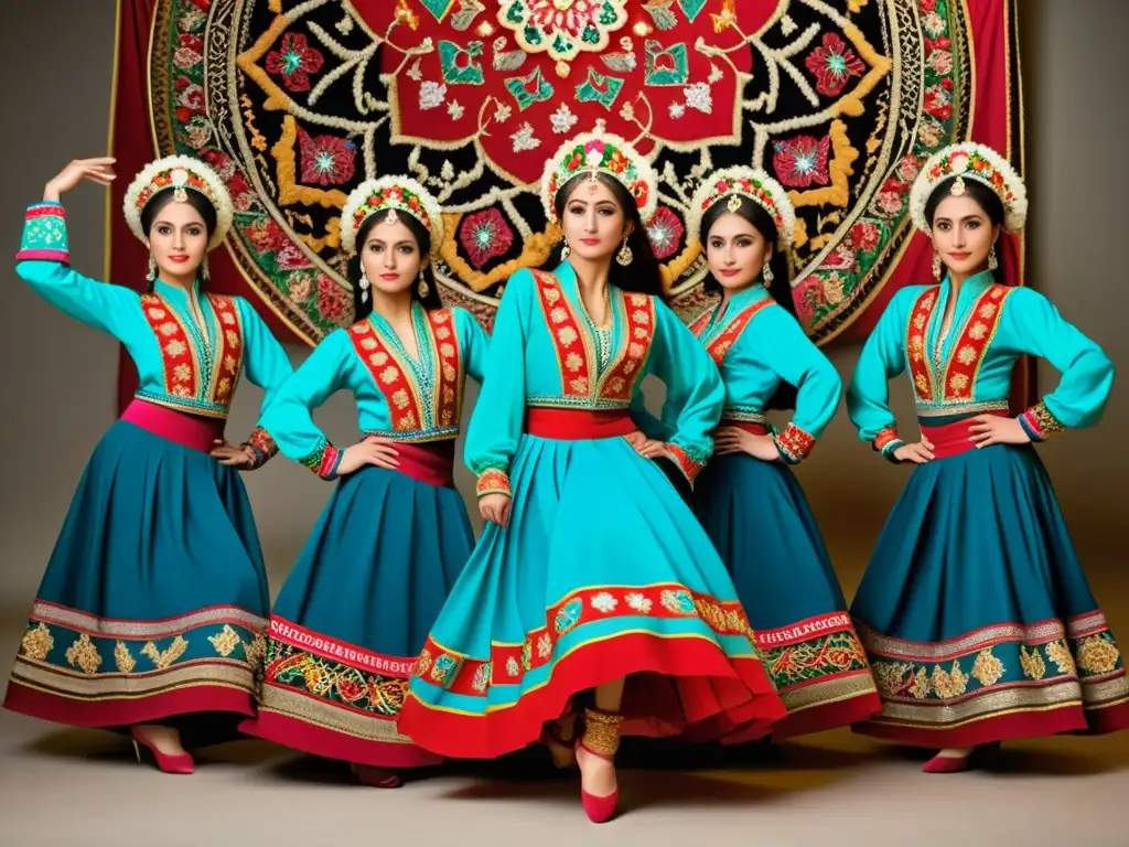 Grupo de bailarines de técnicas de danza tradicional azerí con trajes vibrantes y movimientos elegantes en un escenario ricamente decorado