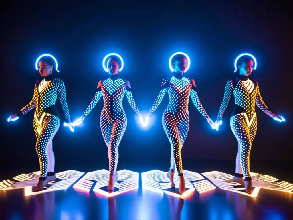 Un grupo de bailarines en telas inteligentes de danza, fusionando tecnología y arte en un deslumbrante espectáculo de luces y movimiento