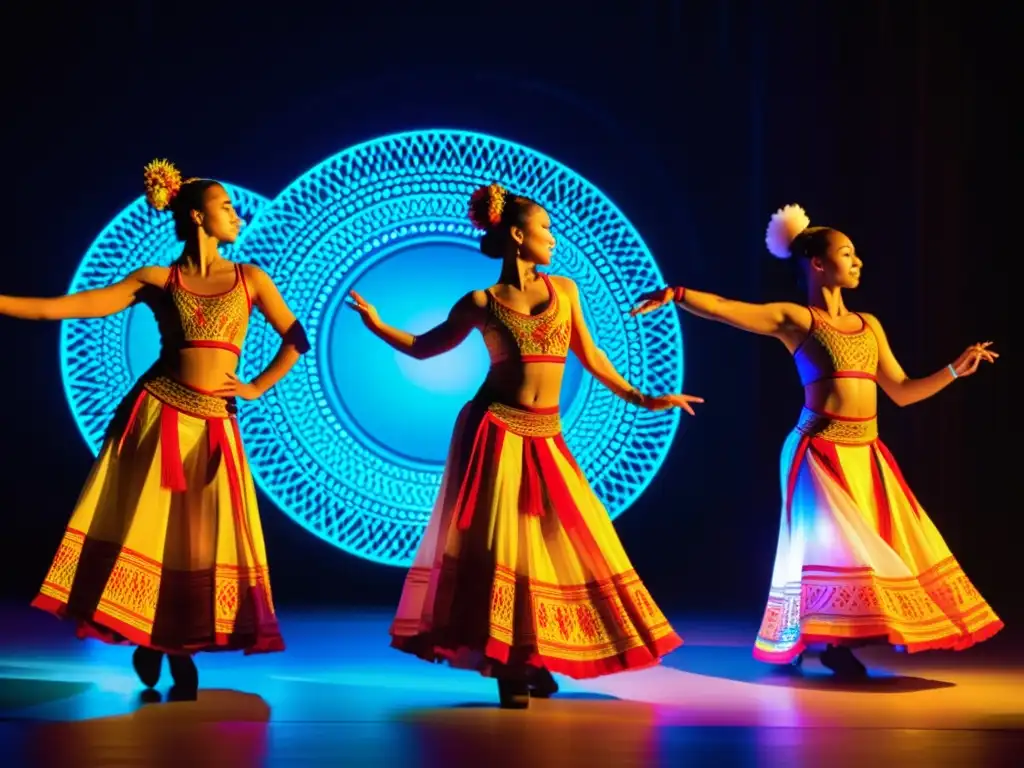 Grupo de bailarines con telas inteligentes en vestuario de danza, fusionando tradición y tecnología en un despliegue de luz y color