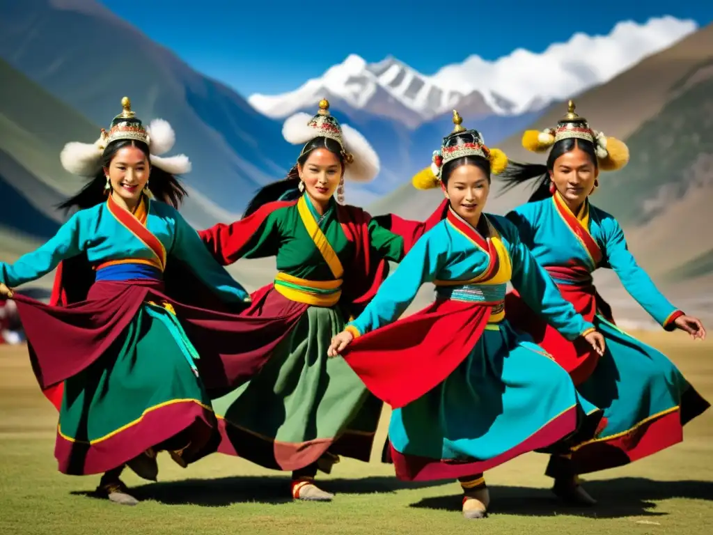 Grupo de bailarines tibetanos realiza danza tradicional en paisaje montañoso