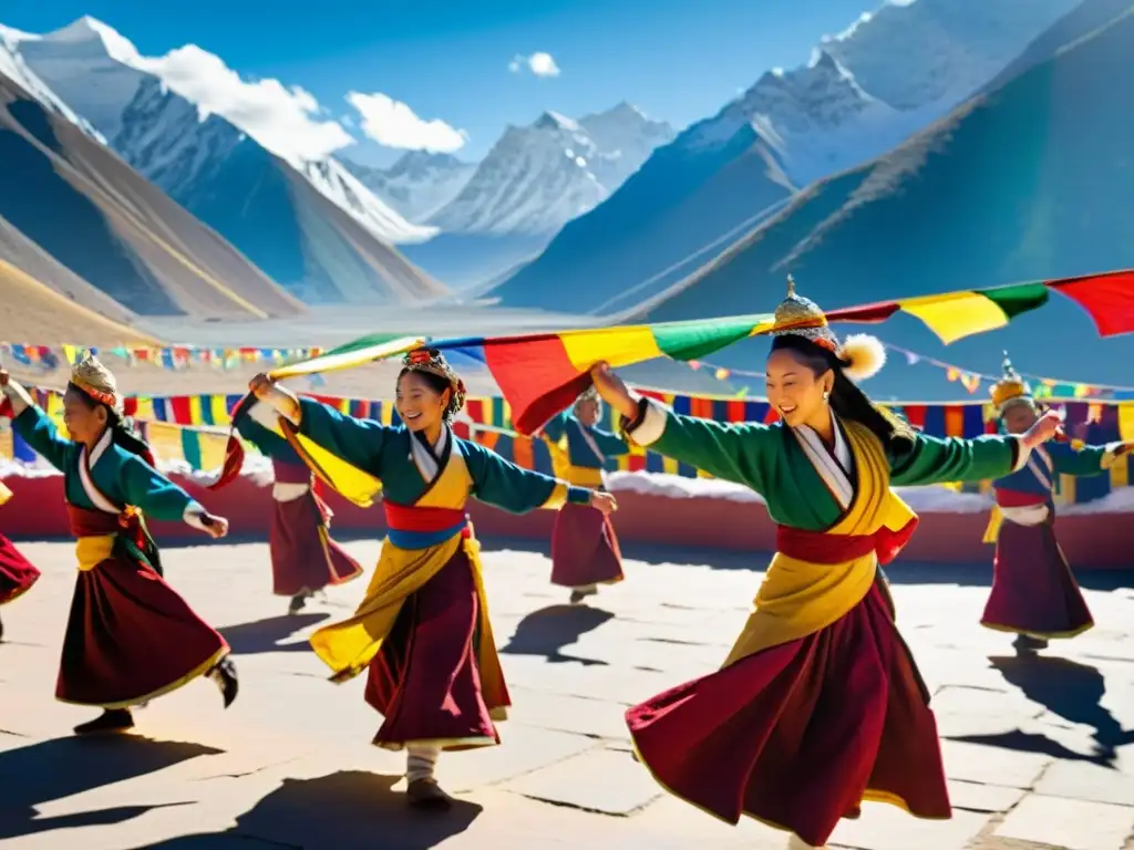 Un grupo de bailarines tibetanos ejecutan una danza sagrada en un patio soleado, con banderas de oración ondeando y montañas nevadas al fondo