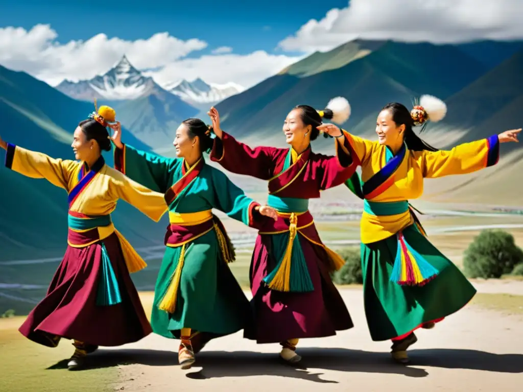 Grupo de bailarines tibetanos con trajes tradicionales vibrantes danzando en las montañas