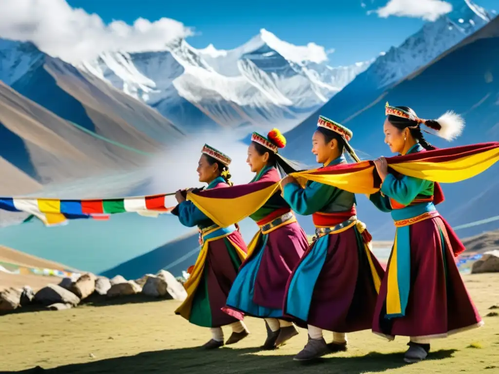 Grupo de bailarines tibetanos en trajes tradicionales realizando una danza en los majestuosos Himalayas, rodeados de banderas de oración