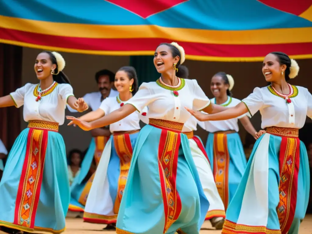 Grupo de bailarines Tigrinya Eritrea en trajes tradicionales, danza llena de energía y significado cultural