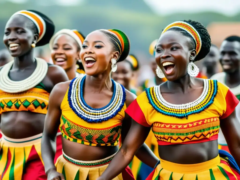 Danza tradicional Ewe: explosión de color y emoción Grupo de bailarines Ewe de Togo y Ghana danzando con alegría y orgullo en atuendos tradicionales coloridos