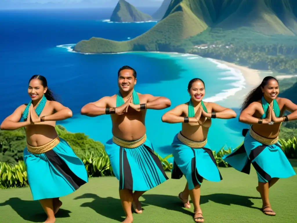 Un grupo de bailarines tonganos, ataviados con trajes tradicionales, realiza una danza impresionante frente a montañas verdes y el océano