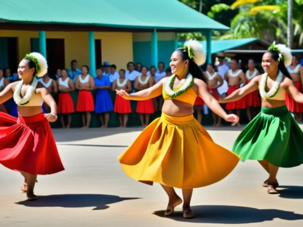 Grupo de bailarines tonganos ejecutando la danza Kailao, con colores vibrantes y movimientos rítmicos que capturan su significado espiritual en la cultura de Tonga