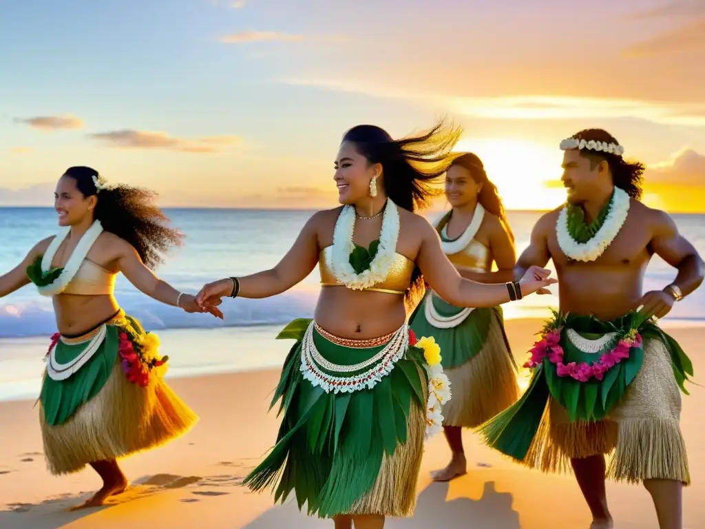 Grupo de bailarines tonganos en trajes tradicionales realizando cantos tradicionales danzas Tonga al atardecer en la playa