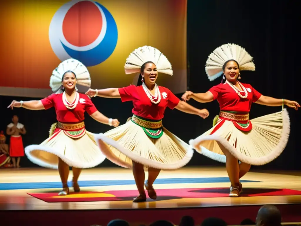 Un grupo de bailarines tonganos en trajes tradicionales realizando una danza cultural dinámica y apasionada en un escenario vibrante